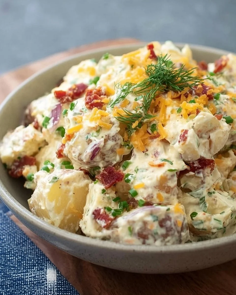 Delicious baked potato salad topped with chives and bacon bits