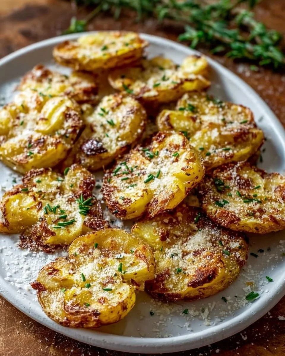 Baked smashed potatoes topped with garlic and parmesan cheese