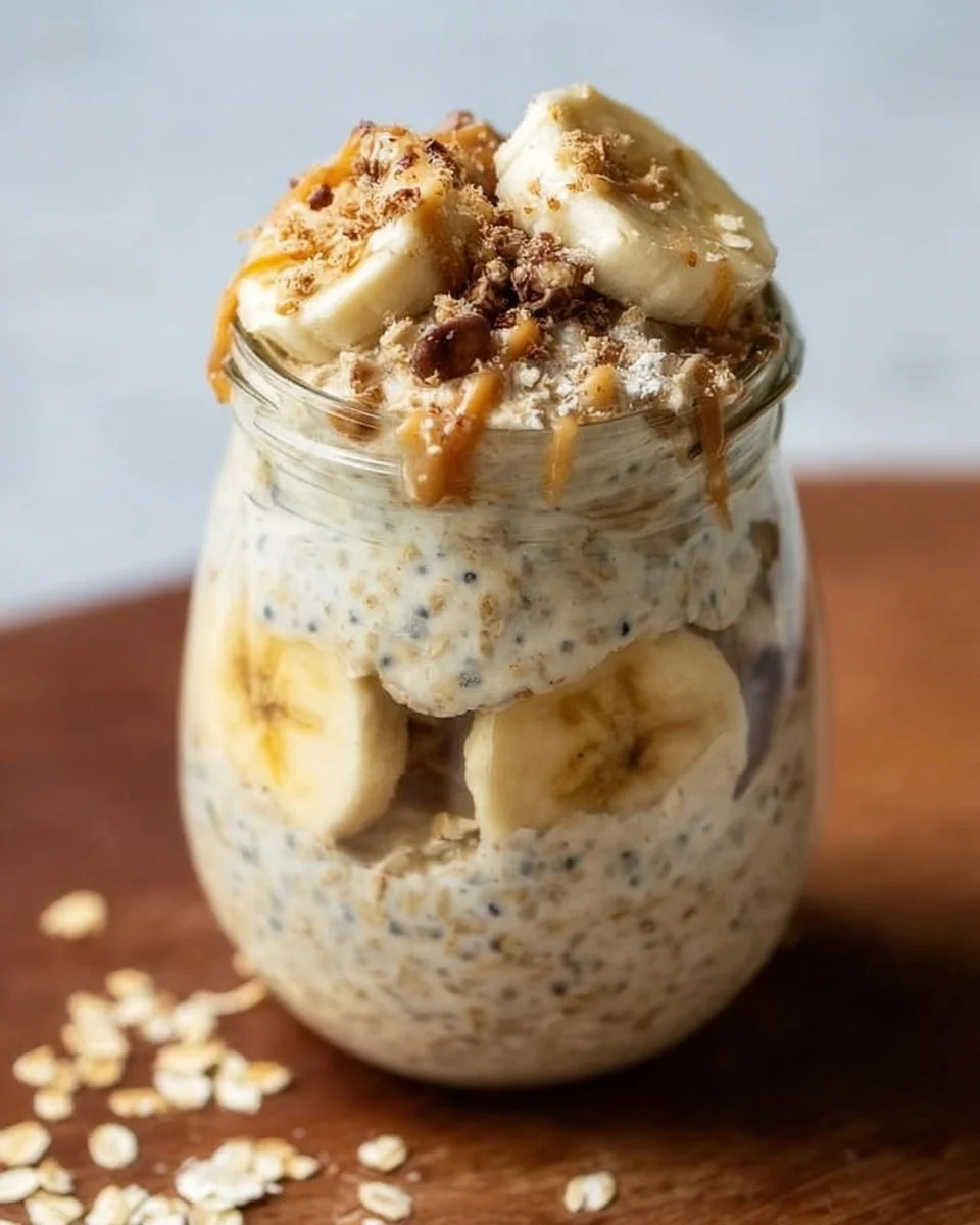 Delicious bowl of banana bread overnight oats topped with banana slices and nuts