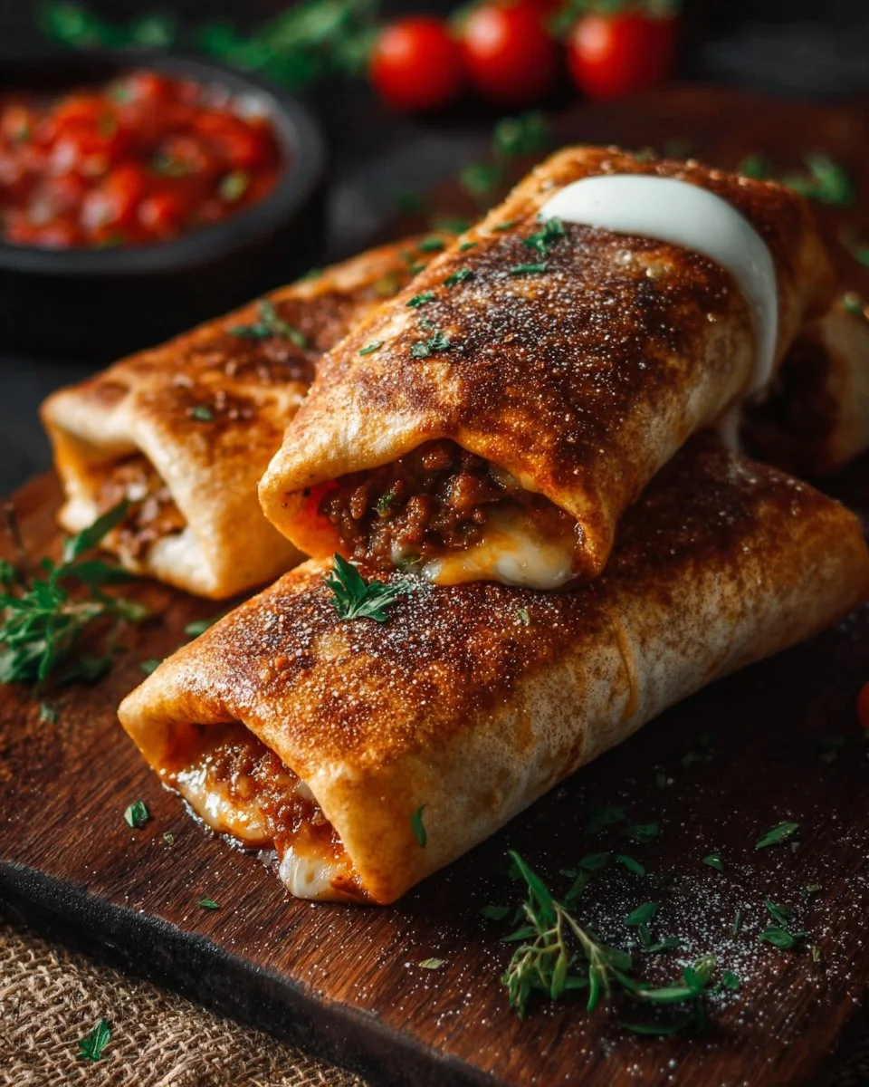Delicious beef and cheese chimichangas garnished with fresh toppings