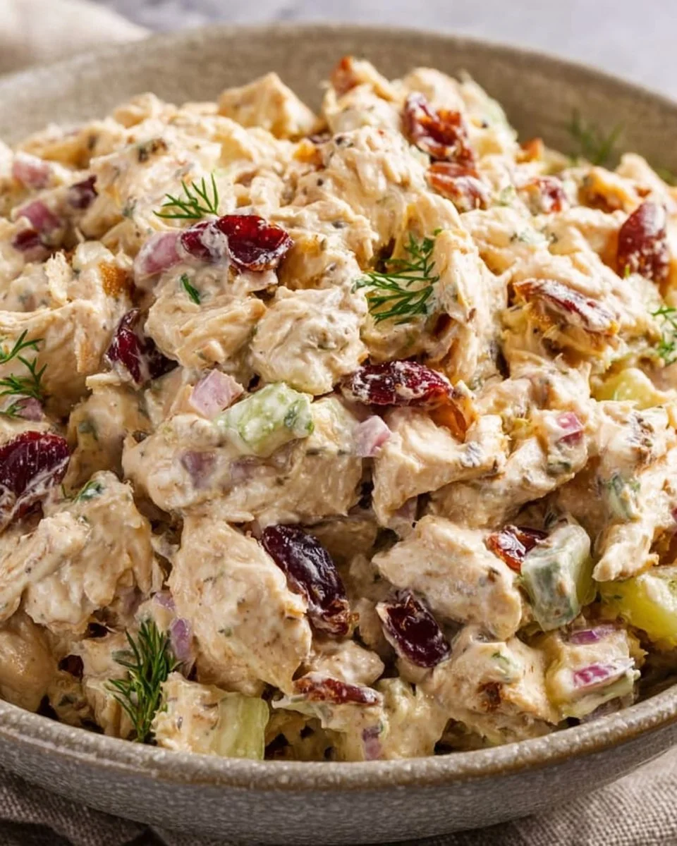 Delicious and fresh BEST Chicken Salad served in a bowl with greens.