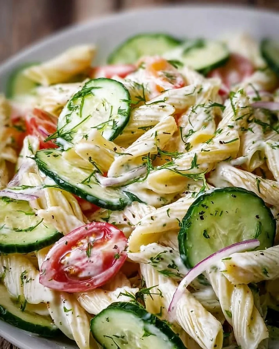 Bowl of best cucumber pasta salad with fresh vegetables and dressing