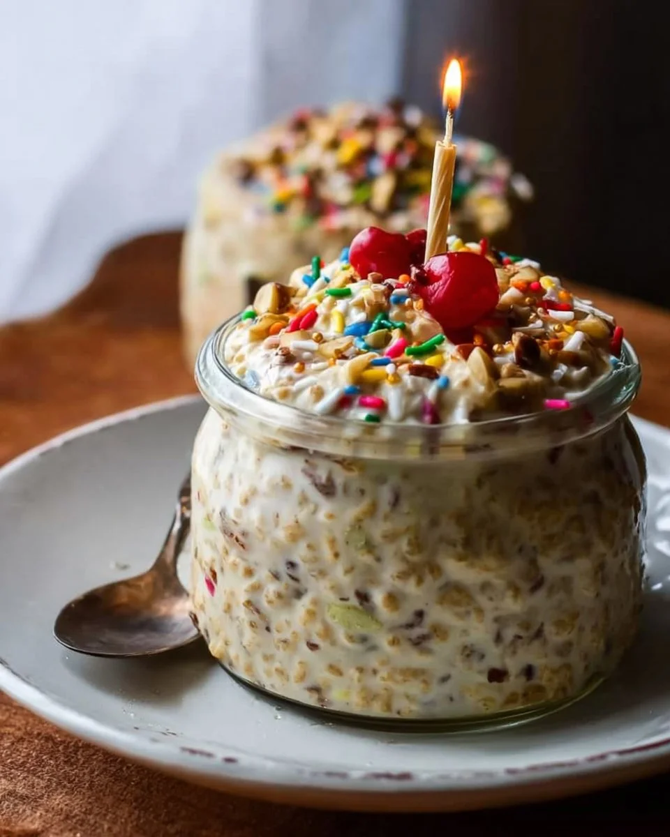 Delicious birthday cake overnight oats topped with sprinkles and berries
