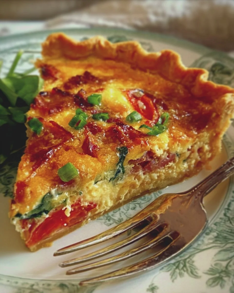 Delicious homemade BLT quiche with bacon, lettuce, and tomato filling.