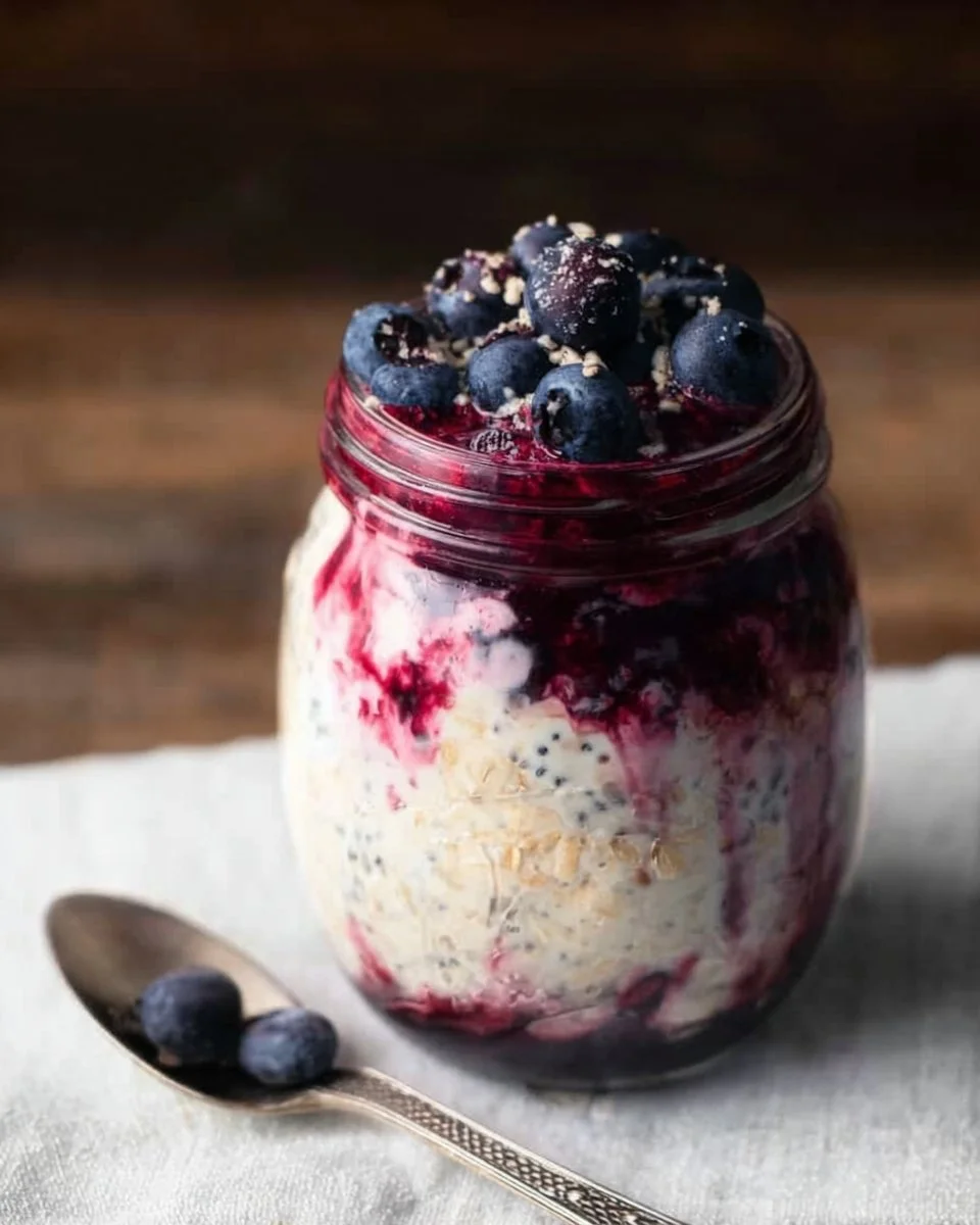 Blueberry cheesecake overnight oats topped with fresh blueberries and cream