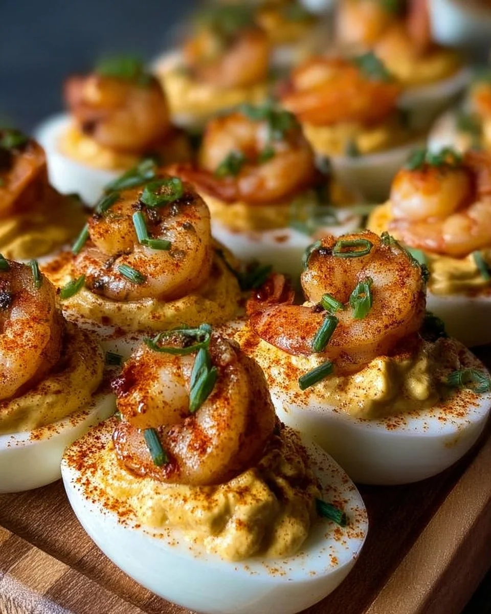 Cajun Shrimp Deviled Eggs garnished with herbs on a serving platter