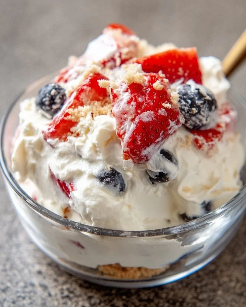 Delicious cheesecake salad topped with fresh fruits and whipped cream.