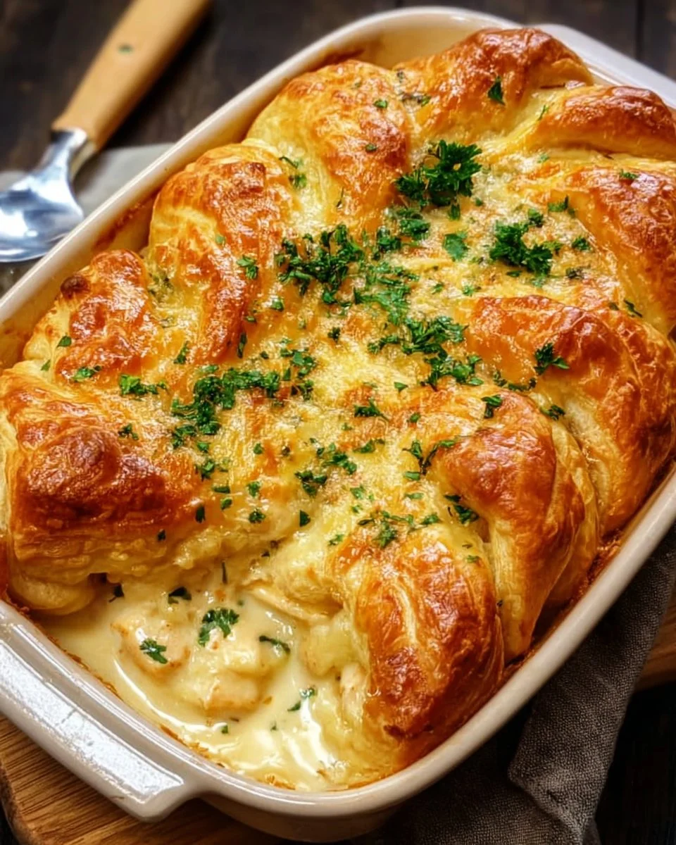 Cheesy Chicken Crescent Bake served on a plate with herbs and spices.