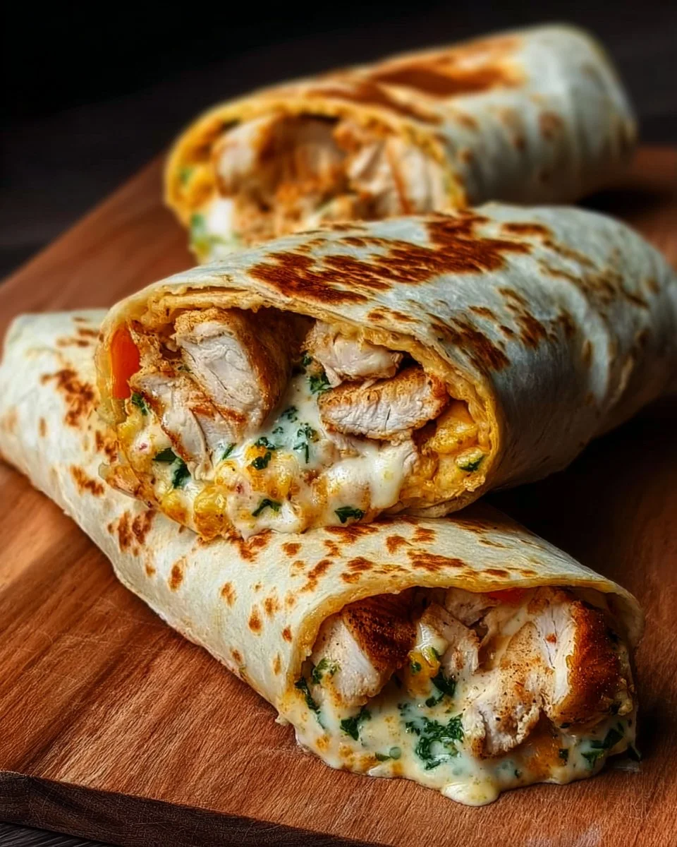 Delicious cheesy garlic chicken wraps filled with tender chicken and fresh ingredients