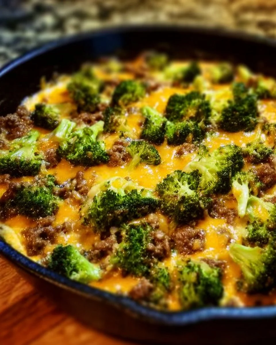 Cheesy Hamburger Broccoli Skillet with melted cheese and vibrant broccoli