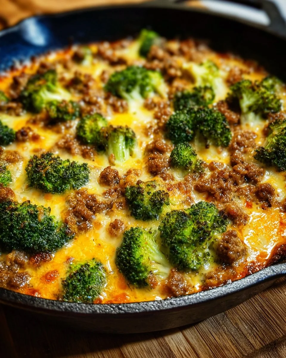Cheesy Hamburger Broccoli Skillet served in a pan