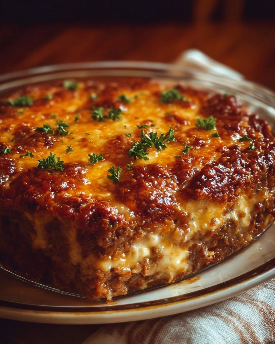 Delicious cheesy meatloaf casserole served in a dish