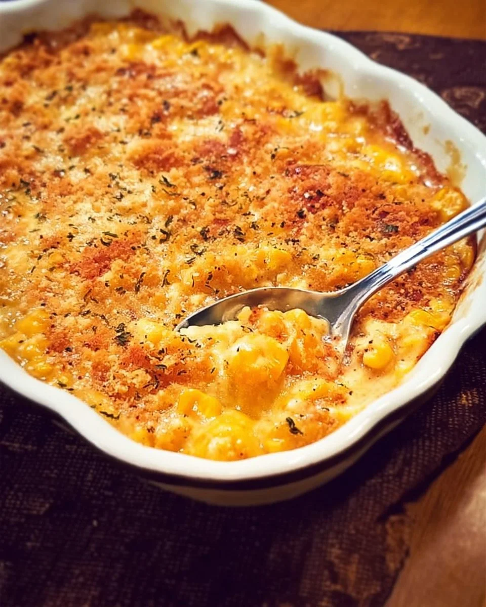 Baked cheesy scalloped corn casserole ready to serve