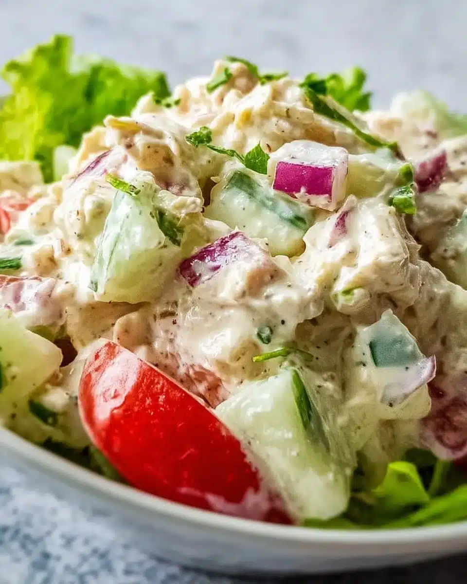 A bowl of fresh and colorful chicken salad with vegetables and dressing.