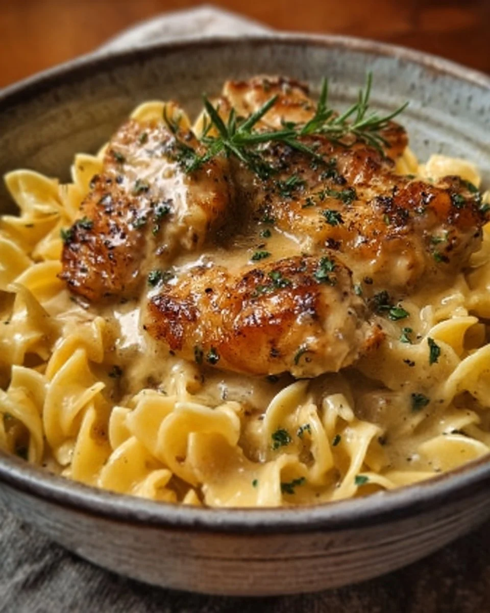 Delicious plate of chicken served with buttered noodles