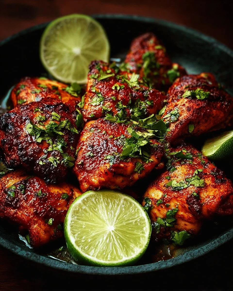 Delicious plate of Chili Lime Chicken garnished with lime and cilantro