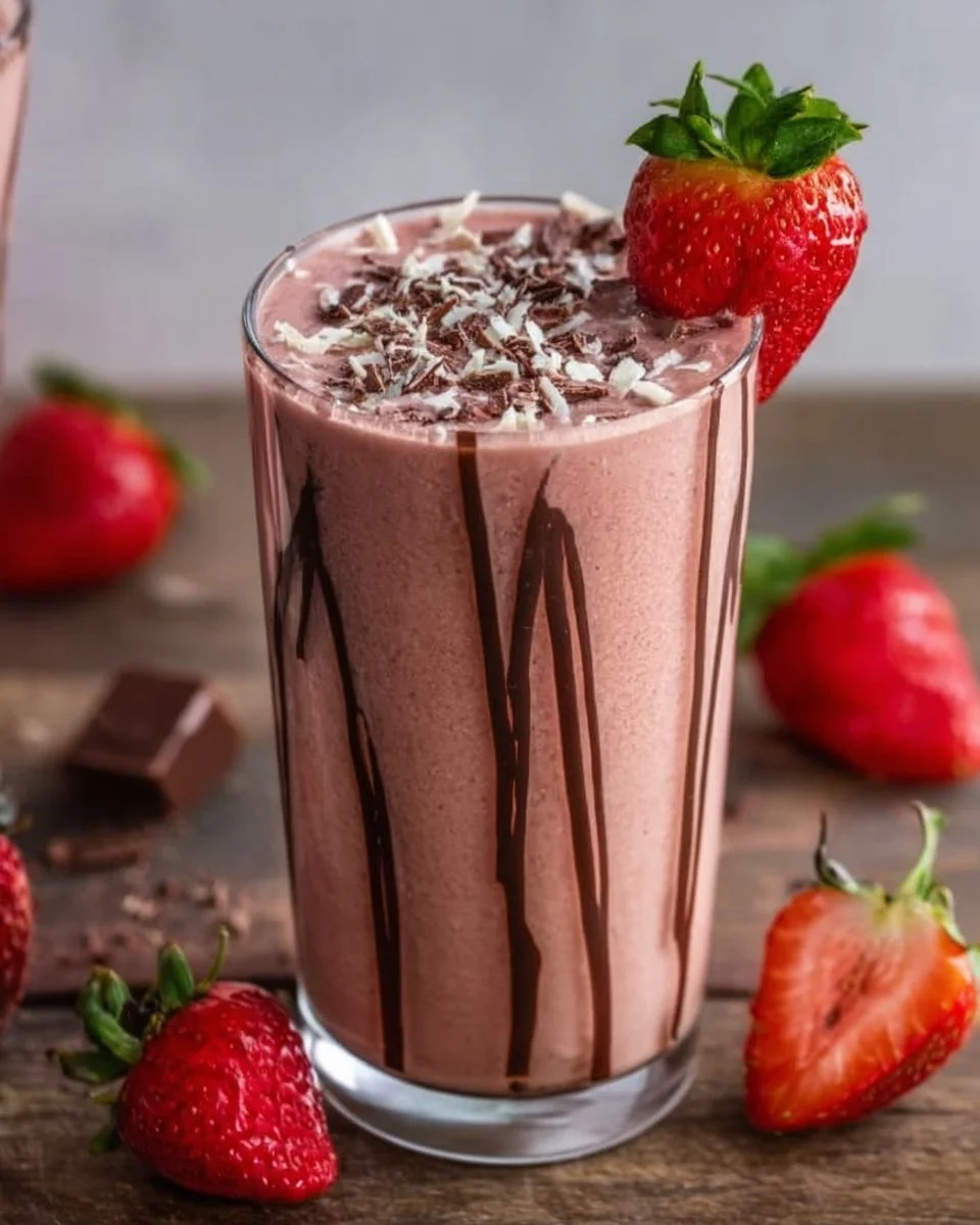 Chocolate-Covered Strawberry Protein Smoothie in a glass with fresh strawberries