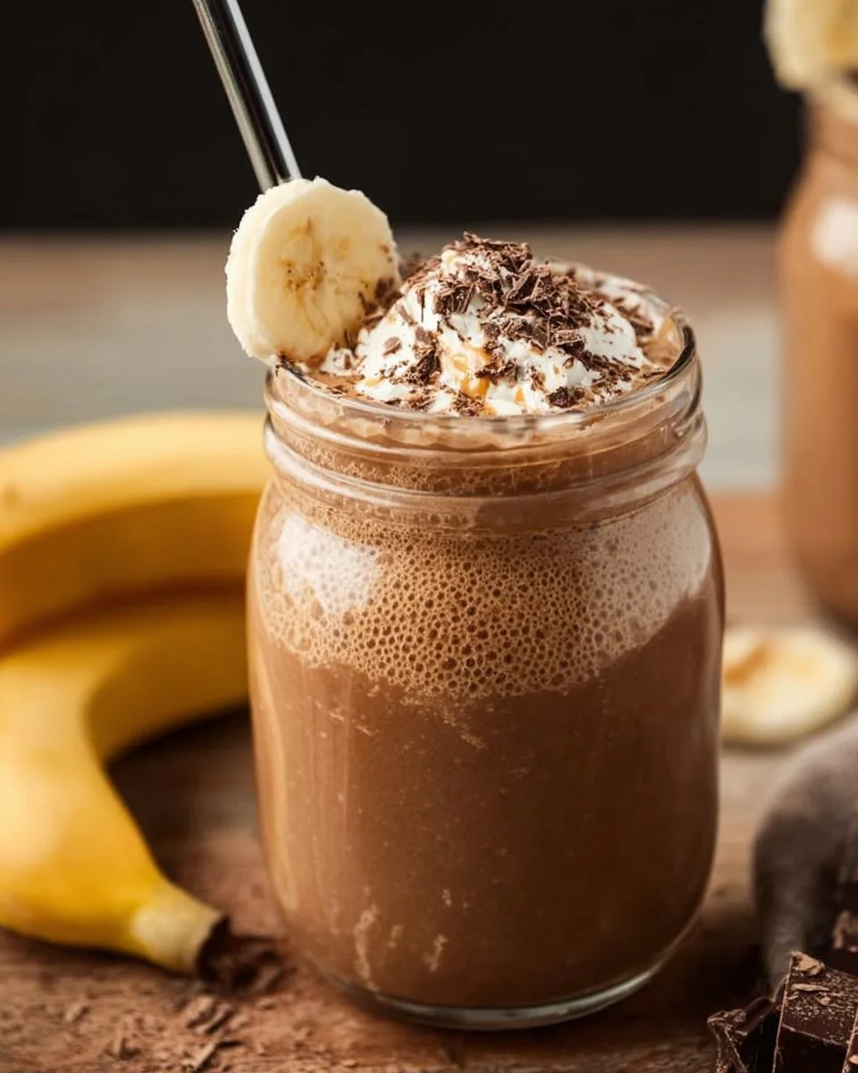 Chocolate Peanut Butter Banana Smoothie in a glass garnished with banana slices