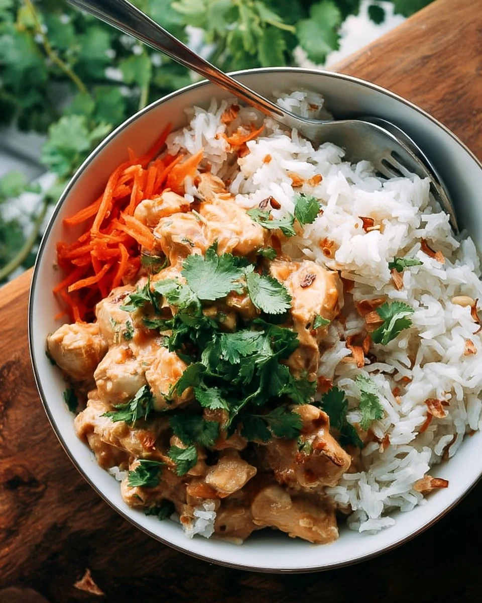 Delicious Coconut Chicken Rice Bowl with fresh ingredients on a plate