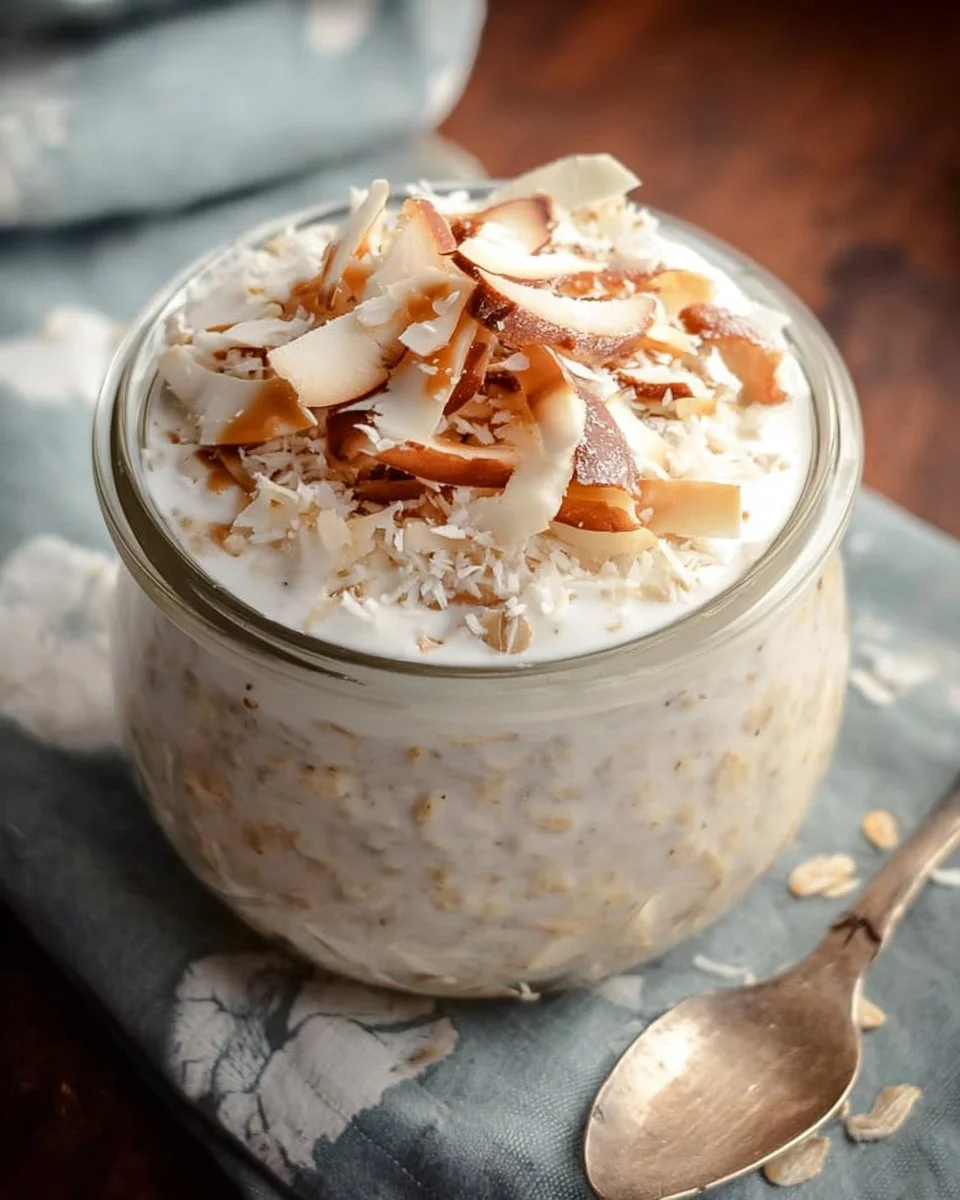 Delicious Coconut Cream Pie Overnight Oats topped with coconut flakes and fruit.