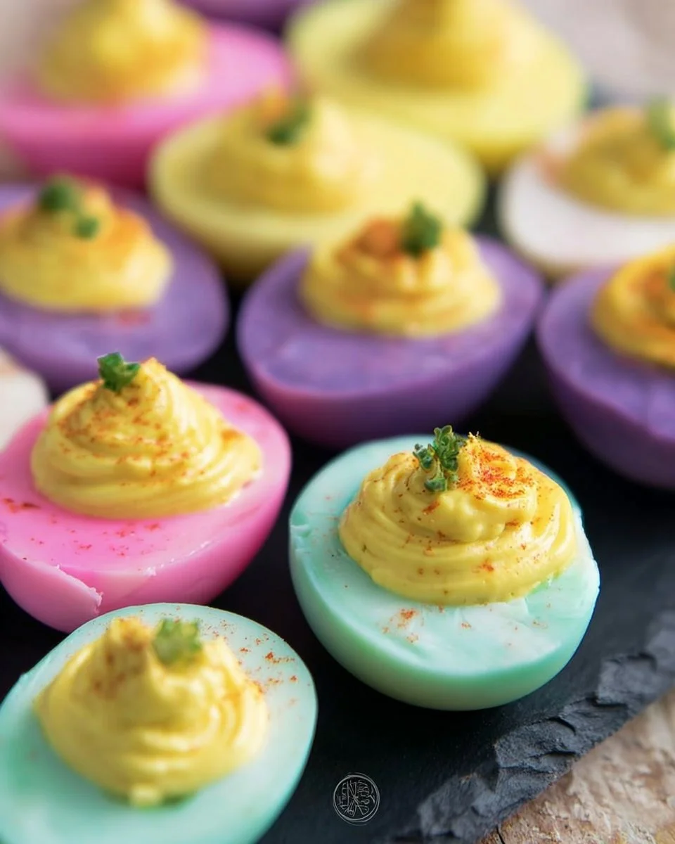 Vibrantly colored deviled eggs arranged on a festive Easter platter.