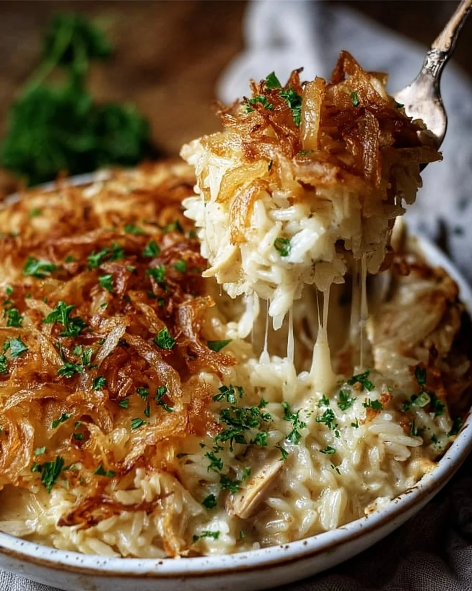 Comforting French onion chicken rice bake served in a dish