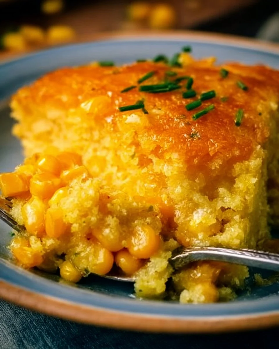Delicious corn casserole served in a baking dish with golden brown top.