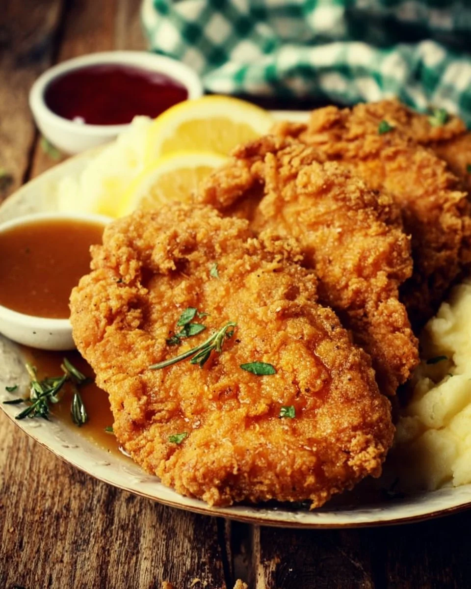 Crispy country fried chicken breast served on a plate with sides