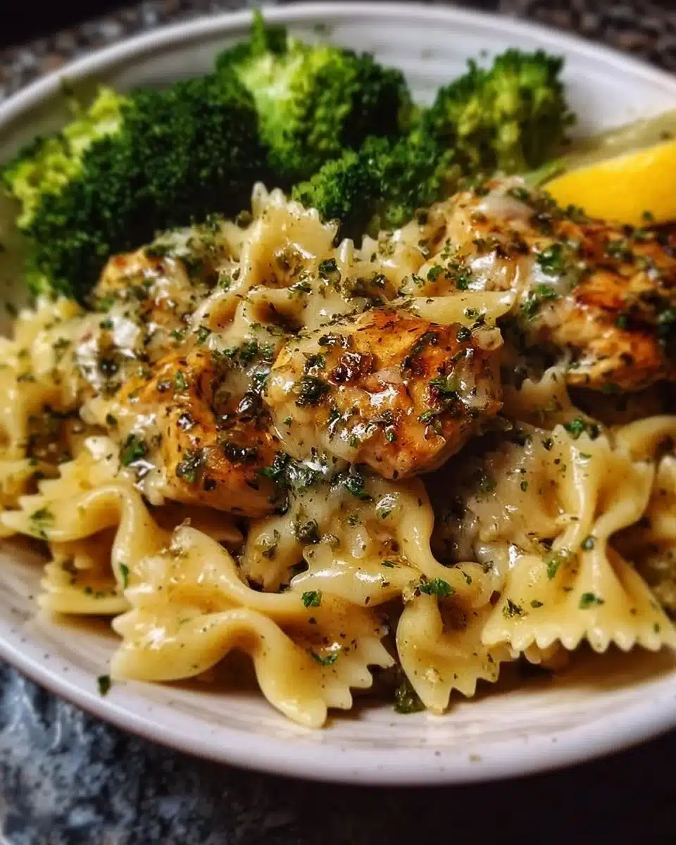 Delicious Cowboy Butter Lemon Bowtie Chicken served with broccoli