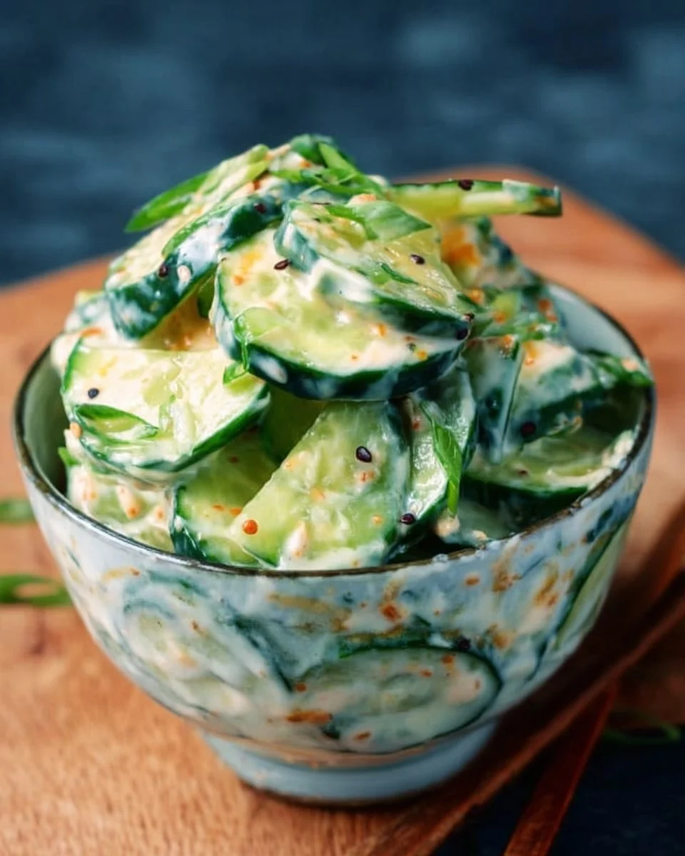Creamy Asian cucumber salad bowl with fresh vegetables and dressing