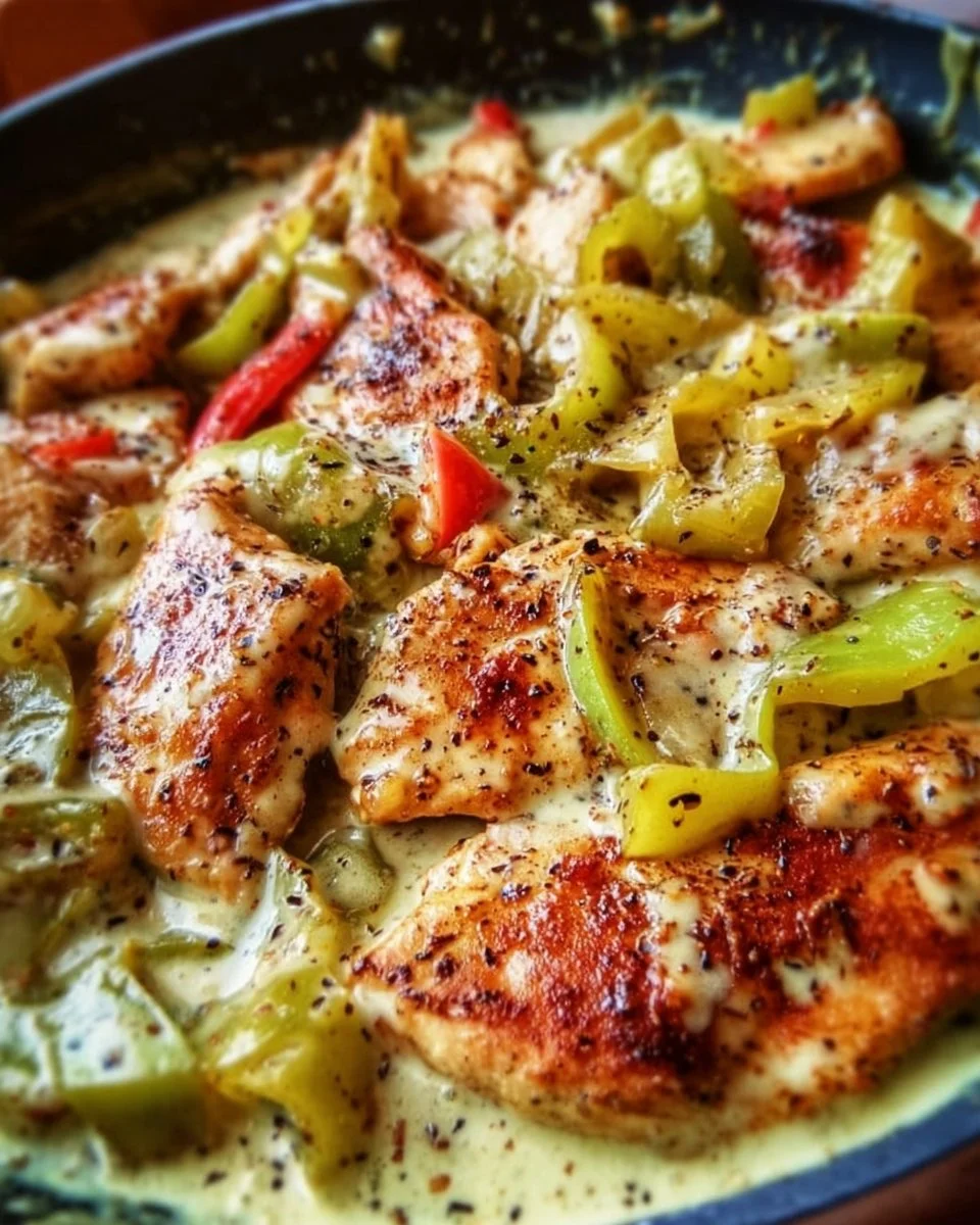 Creamy banana pepper chicken skillet served in a cast iron pan