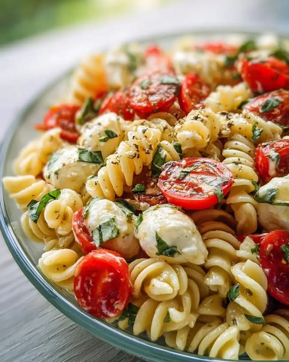 Creamy Caprese Pasta Salad with fresh tomatoes, mozzarella, and basil