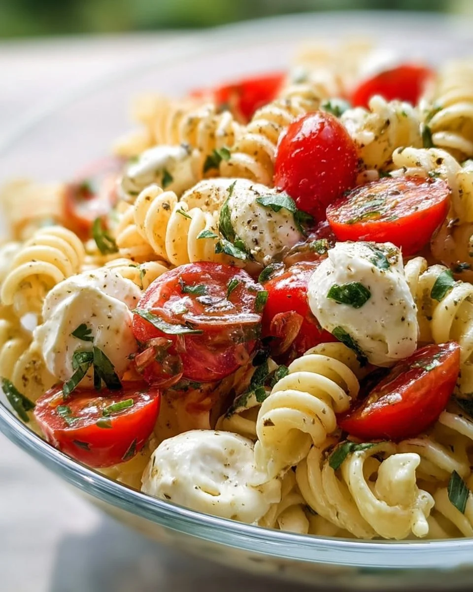 Creamy Caprese Pasta Salad featuring fresh mozzarella, tomatoes, and basil.