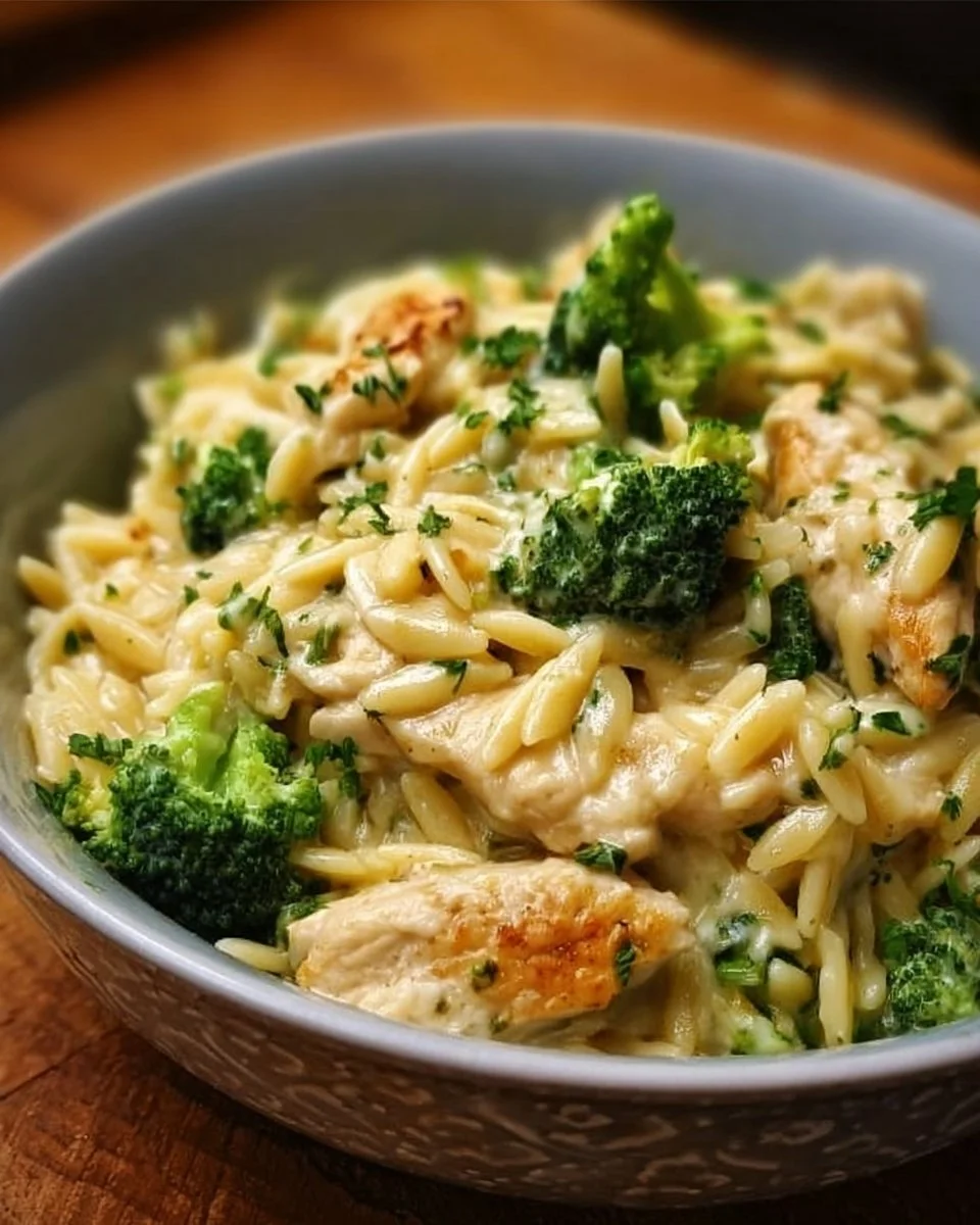 Delicious creamy cheesy orzo with chicken and broccoli in a bowl