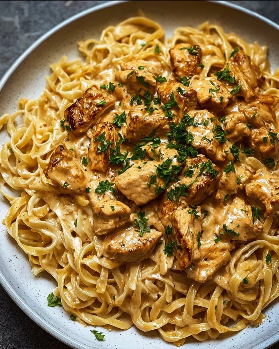 Delicious creamy Cowboy Butter Chicken Pasta topped with herbs and spices.