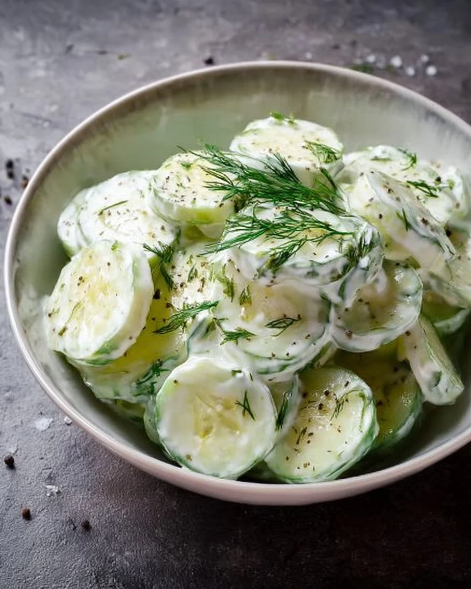 Creamy cucumber salad with fresh ingredients in a bowl