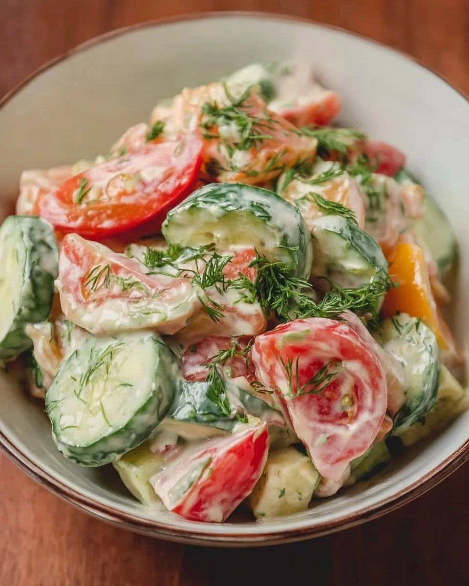 Creamy cucumber tomato salad with fresh ingredients