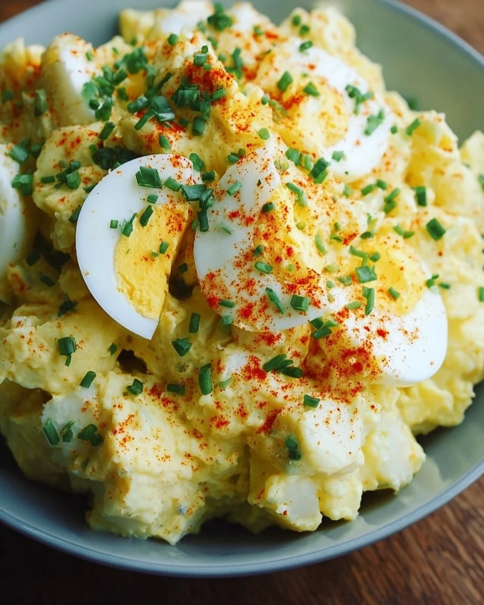 Creamy deviled egg potato salad served in a bowl with garnish