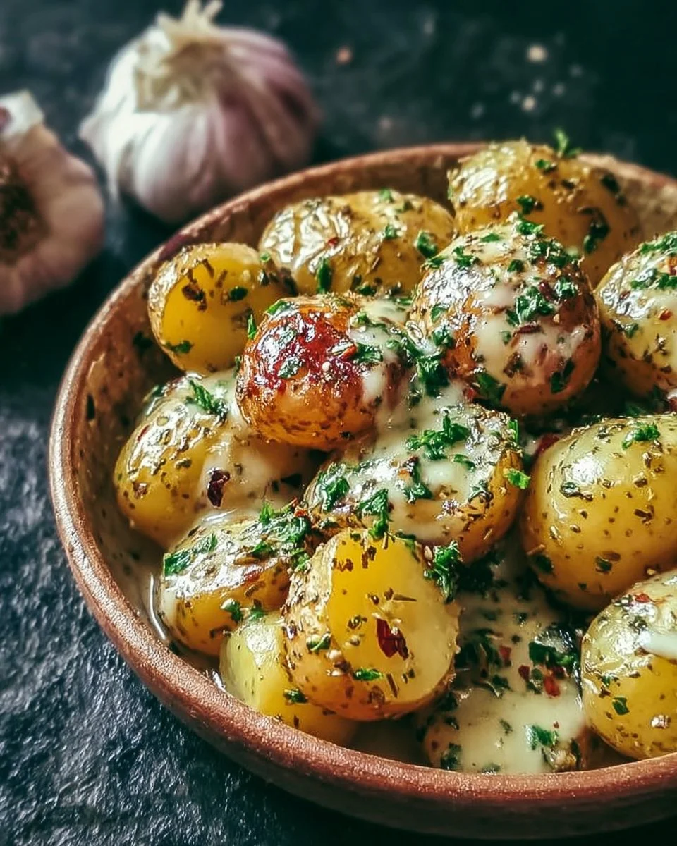 Creamy garlic baby potatoes topped with fresh herbs on a plate