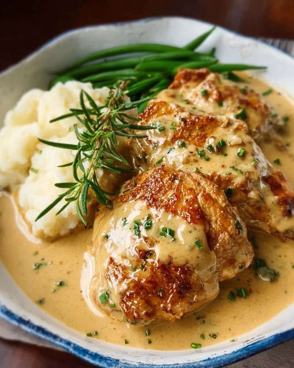 Creamy garlic chicken served with herbs on a plate