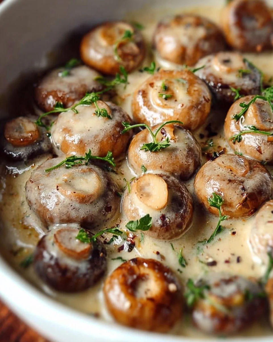 Creamy garlic mushrooms cooked in a rich sauce, served in a bowl.