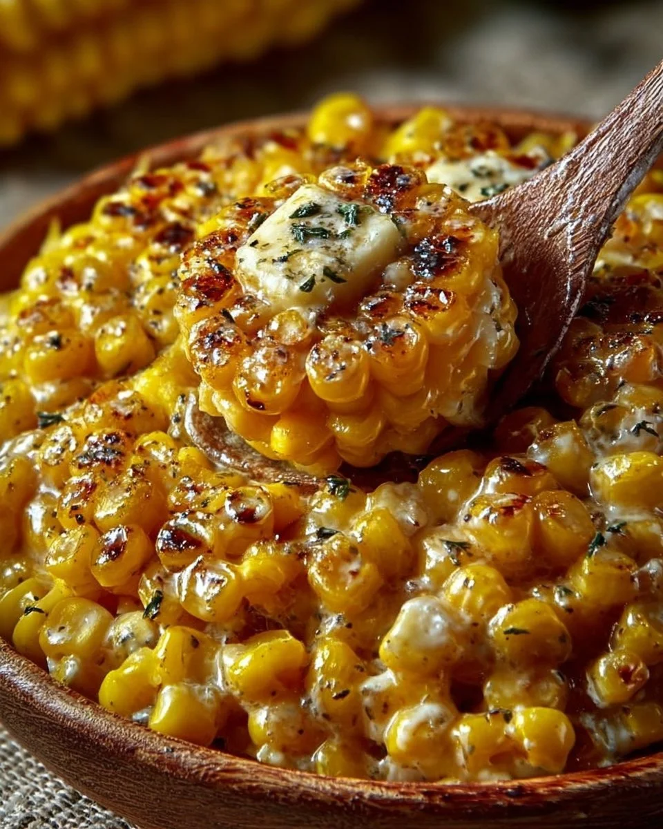 Creamy honey butter skillet corn dish served in a rustic bowl