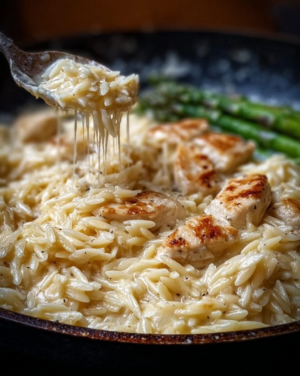 Creamy Parmesan Orzo dish served in a bowl topped with herbs and cheese.