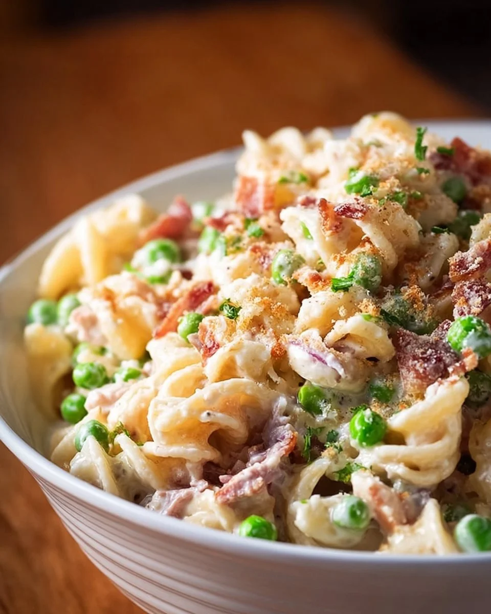 Creamy pasta salad with fresh vegetables and dressing in a bowl