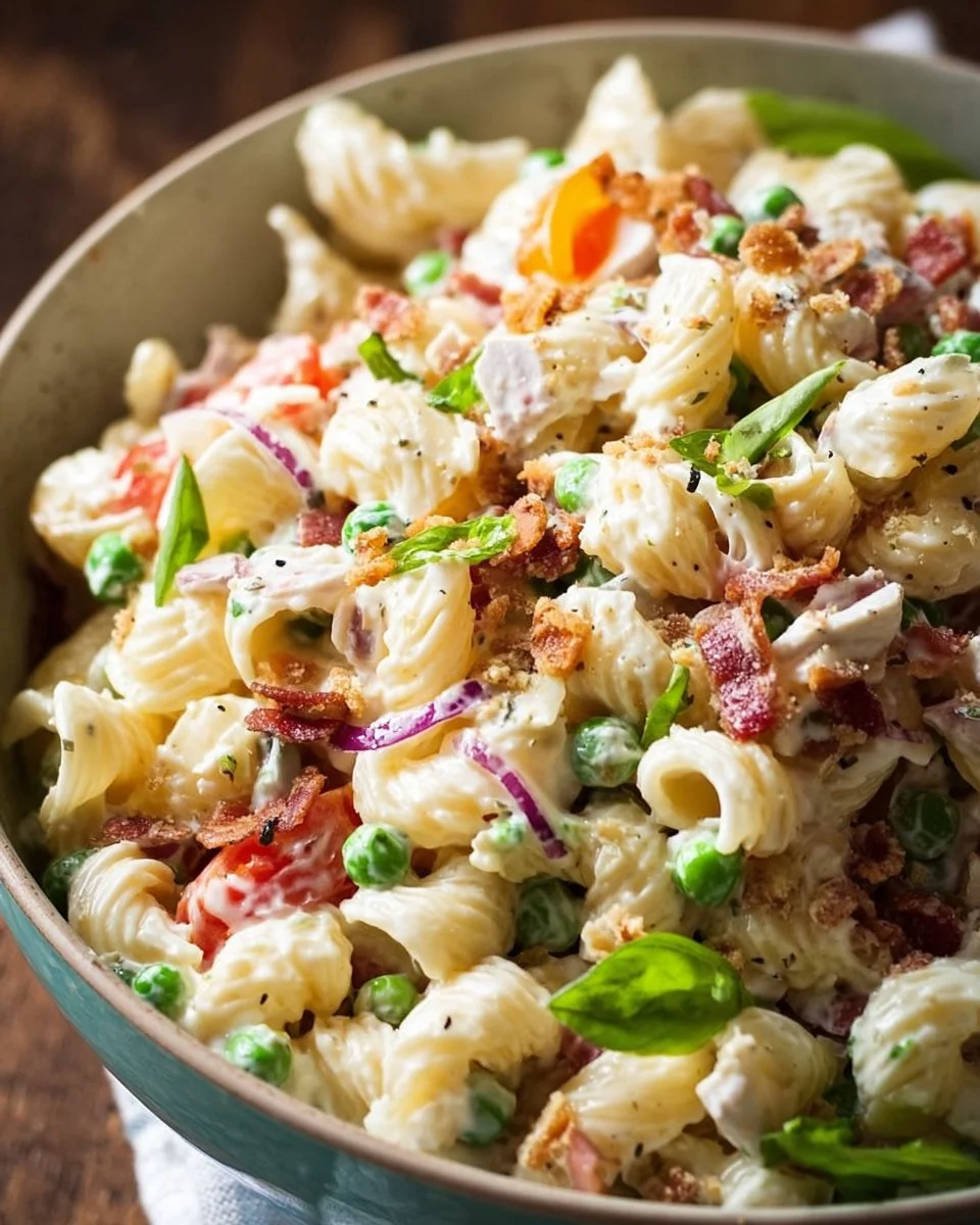 Creamy pasta salad with fresh vegetables and herbs in a bowl