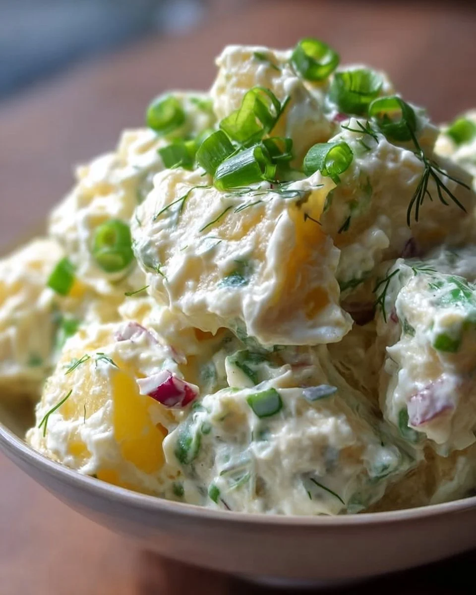 Creamy potato salad served in a bowl with fresh herbs garnish