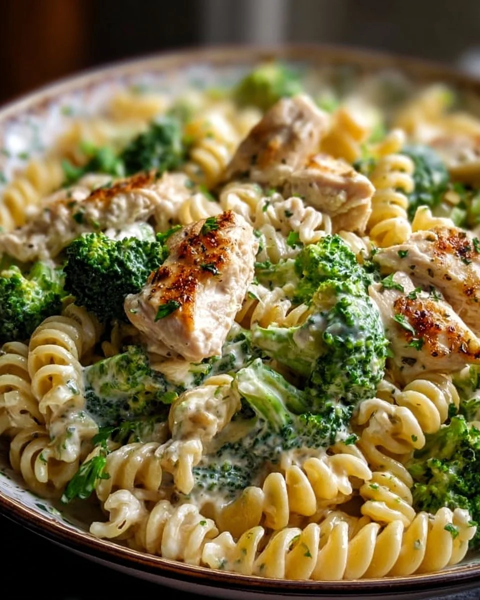Creamy rotisserie chicken broccoli pasta served in a bowl