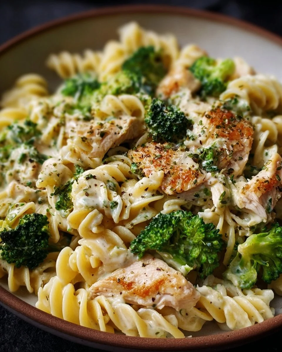 Creamy chicken pasta with rotisserie chicken and broccoli dish