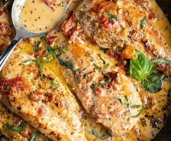 Creamy sun-dried tomato chicken served with herbs and pasta
