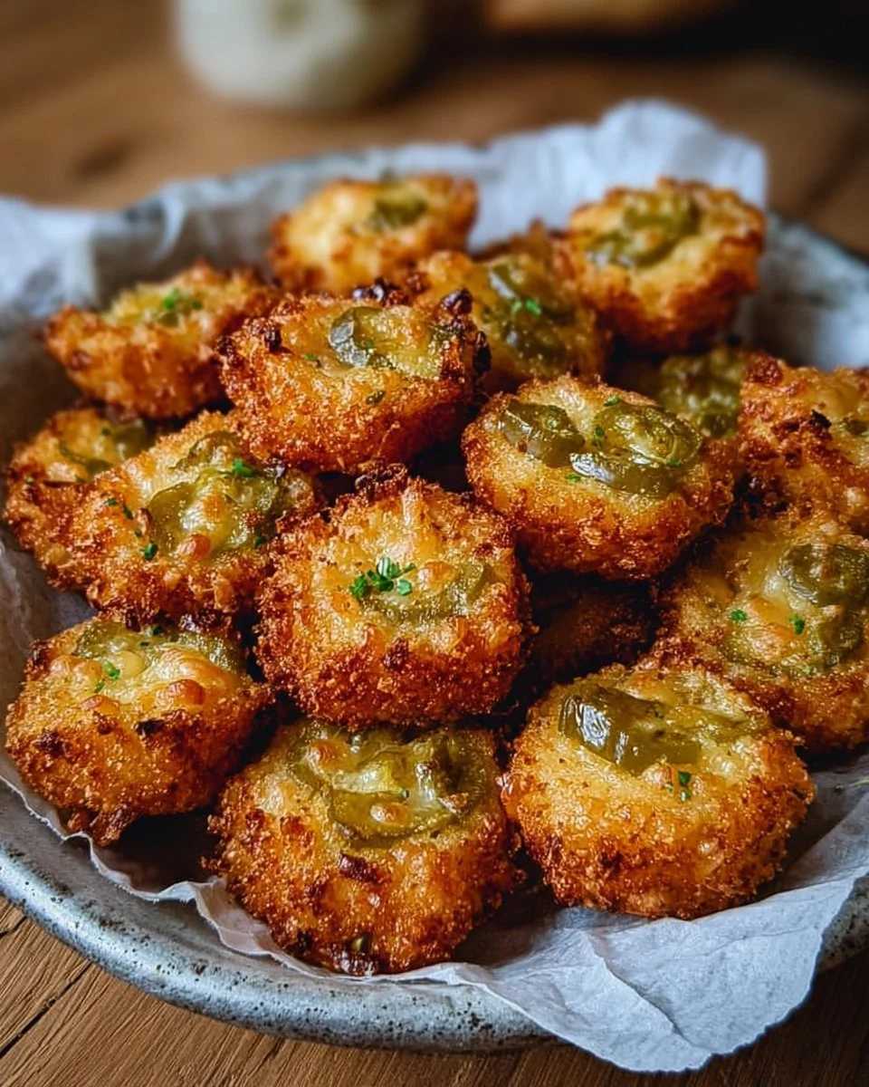 Crispy pickle cheese bites served on a plate, ready to be enjoyed as a snack.